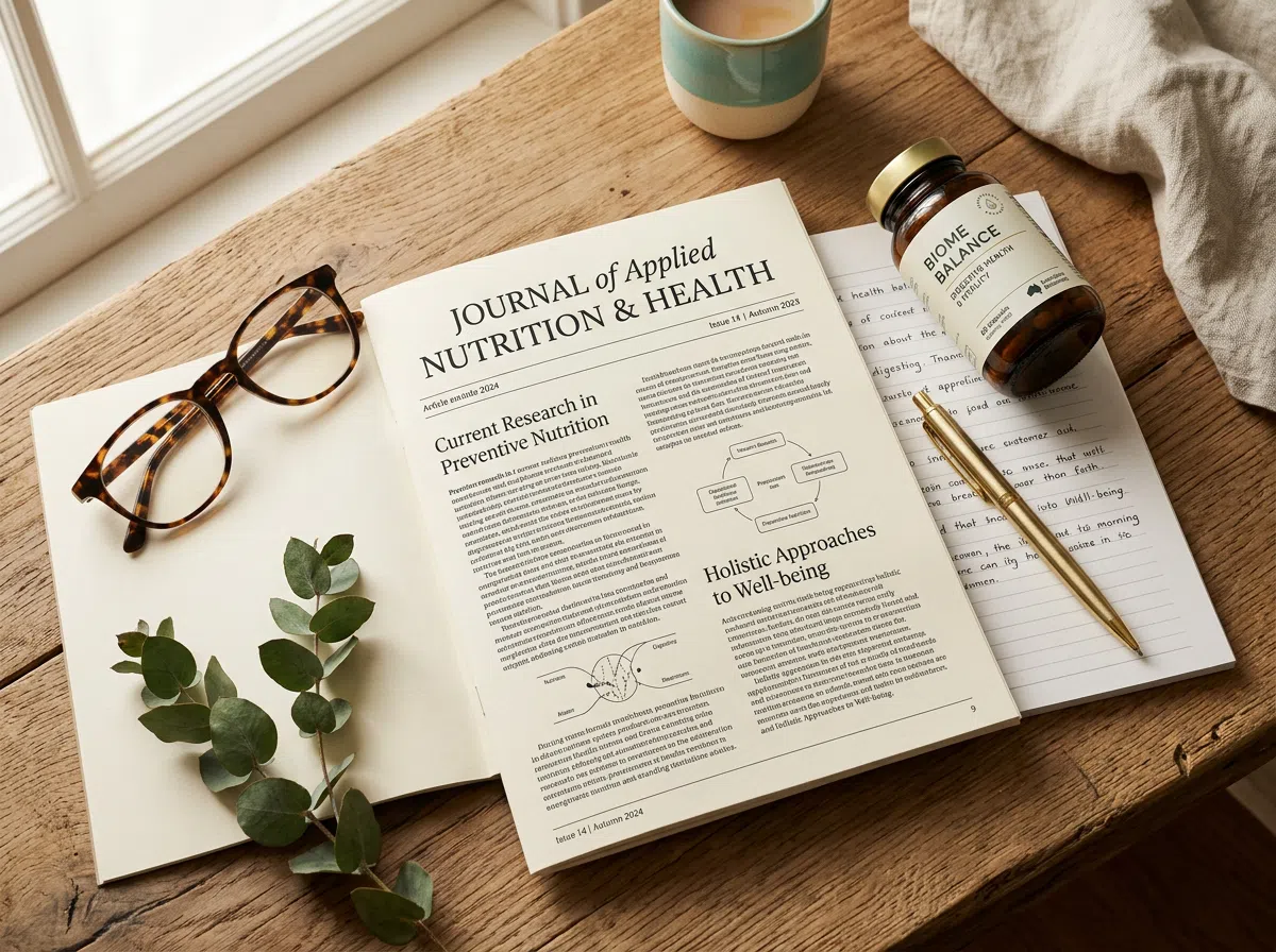 Editorial desk at Oakmont Review - health journal, reading glasses, supplement bottle